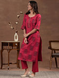 Libas Womens Printed Silk Blend Straight Kurta With Trousers And Dupatta Red Xl
