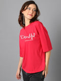 KOTTY Women's Printed Typography Round Neck Cotton Blend 3/4 Sleeve T-Shirt(Red L),Scarlet Red