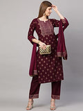 Anni Designer Women'S Cotton Blend Printed Straight Kurta With Pant & Dupatta Pack Of 2 (Combo-Nayantara Black-Coco-Wine_Multicolor_Large),Multicolour,L,Cotton Blend,Cmb-Nayantra025,