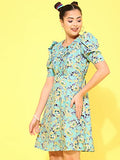 OOMPH! Women's Western & Fusion wear Below Knee Shift Light Green Dress in Crepe Fabric with Round Neck and Puff Sleeves - md620m,Light Green