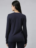 Enamor Essentials Full Sleeve Round Neck Slim Fit Stretch Cotton Lounge Tshirt For Womens-E157 (E157_Navy/ Peace_Xl)