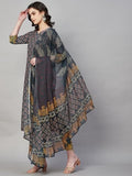 Anni Designer Women'S Rayon Floral Printed Straight Kurta With Pants & Dupatta (Shank-Grey_L_Grey_Large),Grey,L,Rayon Blend,Shank-Maroon_776,