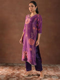 Libas Womens Printed Silk Blend Straight Kurta With Trousers And Dupatta Purple L