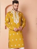 Jompers Men Mustard Chikankari Embroidered Kurtas (Mustard, M)