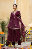 Anni Designer Women'S Cotton Blend Printed Anarkali Kurta With Pant & Dupatta (Berlin Wine_S_Wine_Small),Wine,S,Cotton Blend,Classic,Kurta, Scarf