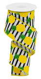 Pineapple Stripe on Canvas Wired Edge Ribbon, 10 Yards (White, Yellow, Black, 2.5 Inch)