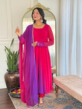 Gosriki Women'S Georgette Anarkali Solid Kurta With Pant & Dupatta (Sade Pink-Vks03-Gs_Xl_Pink_X-Large),Pink,,B0F54GGFR9