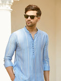 See Designs Men Full Sleeve Turquoise Blue Chanderi Silk Sequins Cotton Mandarin Collar Side Slit Kurta With Pyjama - Sdmkt14440