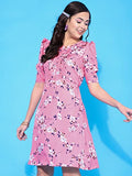 Oomph! Women'S Western & Fusion Wear Below Knee Shift Pink Dress In Crepe Fabric With Round Neck And Puff Sleeves - Md624L