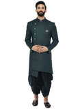 Kisah Men'S Indo-Western Sherwani Dhoti Set, Green Cotton Blend, Solid Dyed Regular Fit Long Sleeves Mandarin Collar (38)