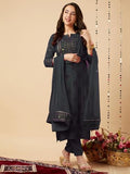 Anni Designer Women'S Cotton Blend Straight Printed Kurta With Pant & Dupatta (Nov Grey_L_Grey_Large),Grey,L,Cotton Blend,Straight,