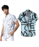 LookMark Men's Cotton Blend Casual Beach Wear Shirts | Stylish Printed Shirts for Men | Comfortable Summer Wear | Party Vacation & Daily Casuals (Pack of 2) (Printed Shirt Blue Leaf-ADAM Aqua-S),Blue-Aqua