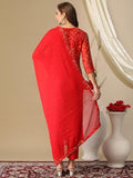 Anni Designer Women'S Cotton Blend Bandhani Printed Straight Kurta With Pant & Dupatta (Turae-Red-Nw_L_Red_Large),Red,L,Cotton Blend,Regular,Dupatta