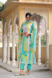 Anni Designer Women'S Cotton Blend Straight Printed Kurta With Pant & Dupatta (Kapila Green_S_Green_Small),Green,S,Cotton Blend,Regular,Kurta, Scarf