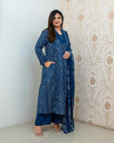 Anni Designer Women'S Rayon Viscose Anarkali Printed Kurta With Pant & Dupatta (Vangala Blue_Xl_Blue_X-Large),Blue,XL,,,