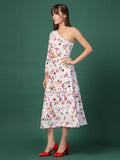OOMPH! Women's Western & Fusion wear Printed Crepe Dress for Women One Shoulder White - md1061,Daisy White