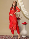 Anni Designer Women'S Cotton Blend Bandhani Printed Straight Kurta With Pant & Dupatta (Turae-Red-Nw_L_Red_Large),Red,L,Cotton Blend,Regular,Dupatta