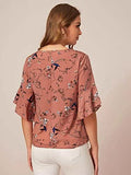 Toplot Printed Bell Sleeve Wrap & Swing V Neck Top For Women(T-V-Neck-Top-5009-Brown-Xs),Brown,,B0B39CFYTV