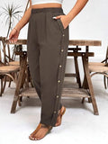 Toplot Women Casual Slanted Pocket Elastic Waist Tapered Pants (Button-Pant-5192-Dark Beige-36),Dark Beige,36,B0D86ZCFHK