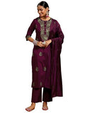 Libas Gerua Womens Yoke Design Silk Blend Straight Kurta With Trousers And Dupatta