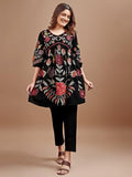 Womanista Women'S Black Colour Linen Multi Thread Embroidery Flared Tunic With Trouser Coord Set(Co-Ords_9072_M)