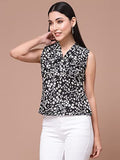 Oomph! Women'S Crepe Printed Top With Tie Neck And Sleeveless,BlackApparel,XL