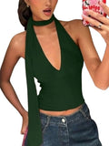 Tivante Solid Halter Neck Sleeveless Crop Top With Scarf For Women (In, Alpha, M, Dark Green)