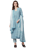 Anni Designer Women'S Cotton Blend Straight Printed Kurta With Pant & Dupatta (Sadhna Blue_Xl_Blue_X-Large),Blue,XL