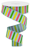 Horizontal Stripe Wired Edge Ribbon - 10 Yards (Pale Blue, Yellow, Green, Pink, 1.5)