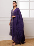 Anni Designer Women'S Cotton Blend Anarkali Printed Kurta With Pant & Dupatta (Dabu Violet_M_Violet_Medium),Violet,M,Cotton Blend,DABU VIOLET_008,