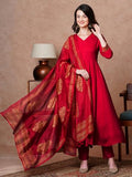 Anni Designer Women'S Rayon Blend Solid Anarkali Kurta With Pant & Dupatta (Magic-Red-Ndm_Xl_Red_X-Large),Red,XL,Rayon Blend,Anarkali,Kurta, Scarf