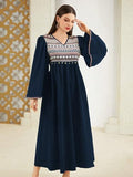 Tadkee Women'S Geometric Pattern V-Neck Bell Sleeve One Piece Dress (Fn-V-Flared-One-Piece-126-Teal-Xxl)