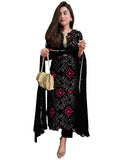 Anni Designer Women'S Rayon Blend Straight Bandhej Printed Kurta With Pant & Dupatta (Turae Black-Vks01_S_Black_Small),Black,S