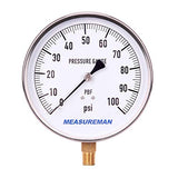 MEASUREMAN 304 Stainless Steel Case,Contractor Pressure Gauge, 0100Psi, 41/2 Dial Size, 1% Accuracy, 1/4 NPT Lower Mount