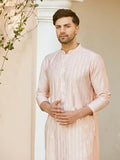See Designs Men Full Sleeve Pink And Gold Chanderi Silk Sequins Mandarin Collar Side Slit Kurta - Sd2Kt_2421Xl