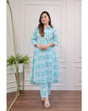 Anni Designer Women'S Cotton Blend Anarkali Printed Kurta With Pant (Dipu Sky_L_Sky Blue_Large),Sky Blue,L,Cotton Blend,Anarkali,