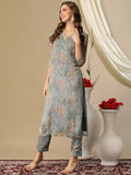 Anni Designer Women'S Cotton Blend Straight Printed Kurta With Pant (Feni Grey-Nw_Xxl_Grey_Xx-Large),Grey,2XL,Cotton Blend,Regular,