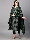 Anni Designer Women'S Cotton Blend Embroidered Straight Kurta With Pant & Dupatta (Mysuru-Dark Green_M_Dark Green_Medium),Dark Green,M,Cotton Blend,Regular,