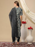 Anni Designer Women'S Cotton Blend Printed Straight Kurta With Pant & Dupatta (Minika Blue_Xxl_Blue_Xx-Large),Blue,2XL,Cotton Blend,Regular,Kurta, Scarf