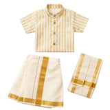 Ammul Handloom Cotton Silk Shirt & Veshti Set For Baby Boys | Traditional South Indian Ethnic Wear With Stole (White And Golden,