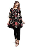 Womanista Women's Black Colour Linen Multi Thread Embroidery Flared Tunic with Trouser coord Set(Co-ords_9072_M)