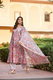 Wedani Women Floral Printed Kurta And Pant Set With Dupatta Pink,Pink,L,Cotton Blend,Anarkali,Kurta, Scarf