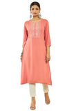 Soch Womens Peach Rayon Paisley Embroidered Straight Kurta