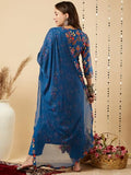 Anni Designer Women'S Cotton Blend Printed Straight Kurta And Pant With Dupatta Set (Kaleping-Kerosin-Nw_Xxl_Dark Blue_Xx-Large),Dark Blue,2XL,Cotton Blend,Regular,