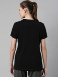 Enamor Athleisure Relaxed Fit Short Sleeve Round Neck Antimicrobial Finish Breathable Stretch Cotton Activewear Sports Tshirt for Women - A301 (A301_Jet Black/Be Here Graphic_L),Jet Black / Be Here