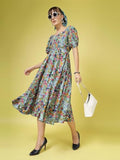 Oomph! Women'S Western & Fusion Wear Printed Crepe Dress For Women Puffed Sleeve Grey - Md992,Aegan Blue,Aegan Blue,L