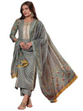 Anni Designer Women'S Cotton Blend Straight Printed Kurta With Pant & Dupatta (Sanghvi Green_M_Green_Medium),Green,M