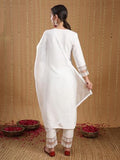 Anni Designer Women'S Cotton Blend Embroidered Straight Kurta With Pant & Dupatta (Motira White_Xl_White_X-Large),White,XL,Cotton Blend,Regular,Kurta, Scarf