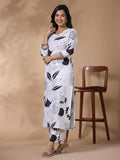 Anni Designer Women'S Rayon Blend Straight Printed Kurta With Palazzo (Anaar-Beige-Fv_S_White_Small) White,White,S,Rayon Blend,Regular,Kurta, Pants