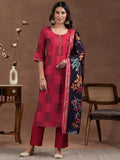 Libas Womens Printed Silk Blend Straight Kurta With Trousers And Dupatta Red Xl